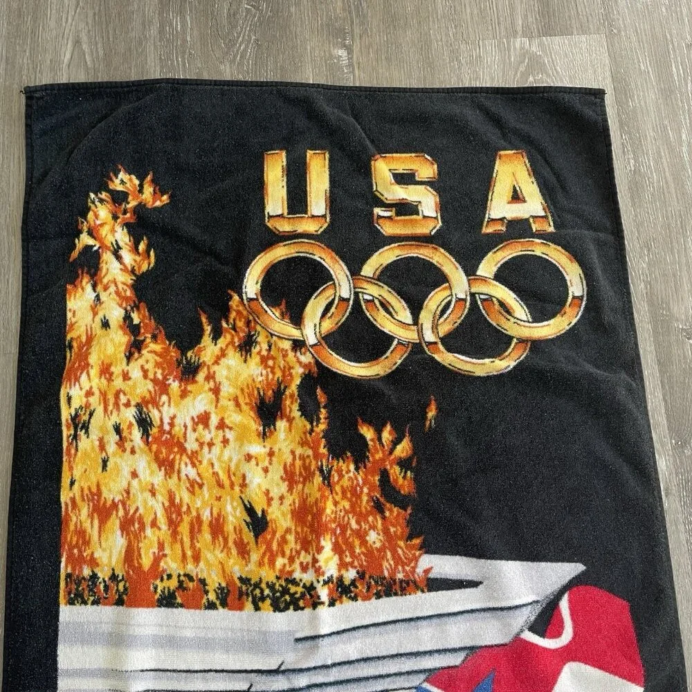 Vintage Hilalsal USA Olympic Torch Rings Games Beach Towel 100% Cotton VTG